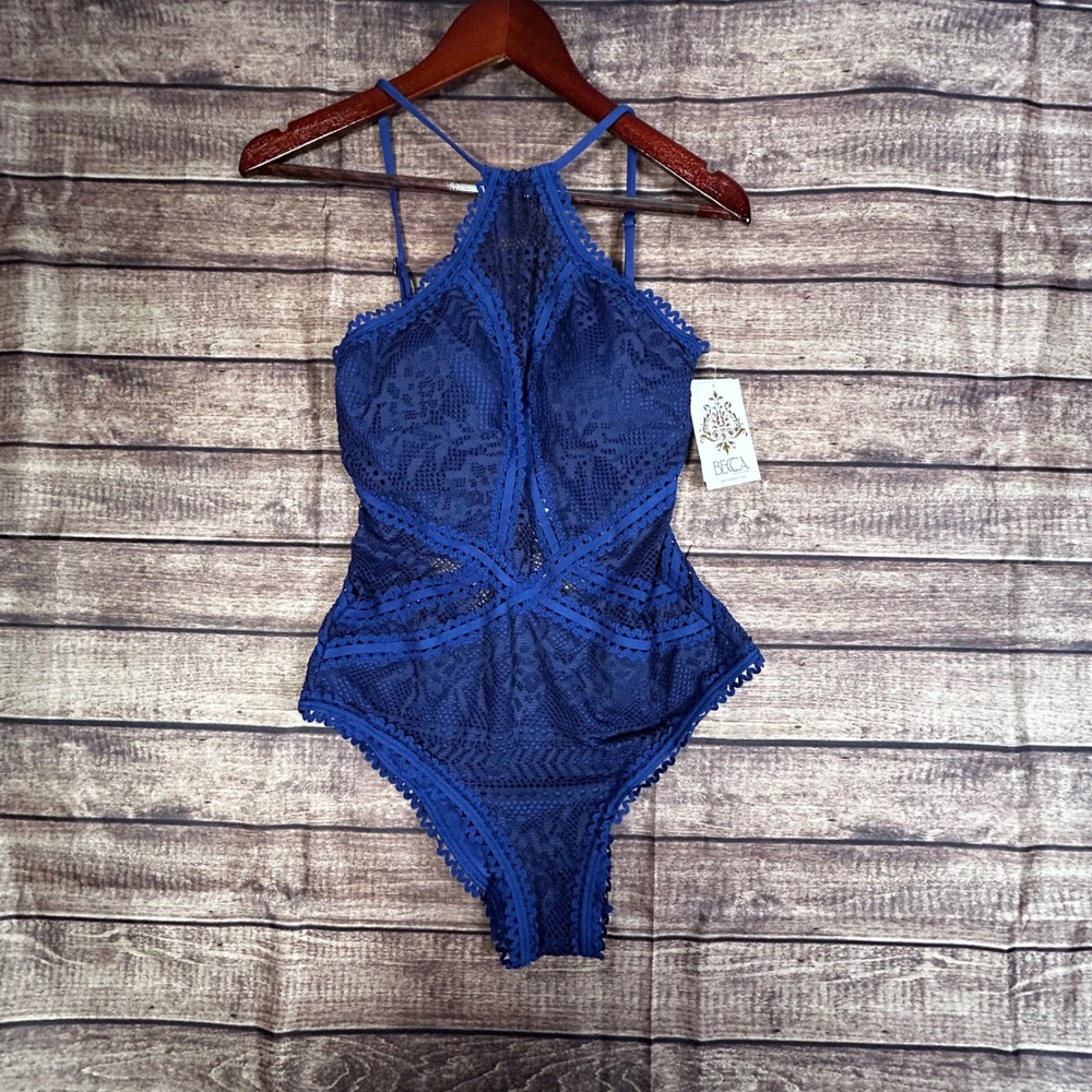 Becca Rebecca Virtue Blue Crochet Lace High Neck One Piece Swimsuit L NWT $124